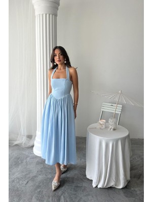 Etiler Collection Mavi Boyundan Bağlamalı Keten Elbise