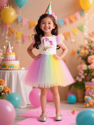 Menta Store Kız Çocuk Renkli Unicorn Tütü Etekli Elbise