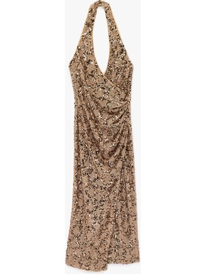 Koton Slim Fit Sırt Dekolteli Kruvaze Halter Yaka Pullu Payetli Uzun Elbise