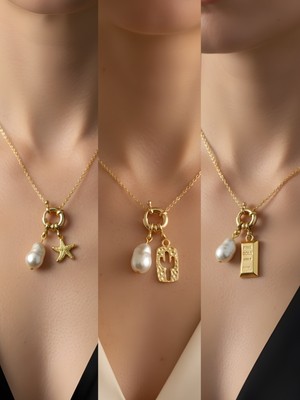 NKT Collection Kaktüs Külçe Altın Deniz Yıldızı Incili Kolye