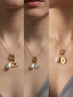 NKT Collection Kabartma Kalp Kalpli Zarf Kupa As Incili Kolye