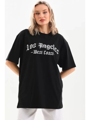 Cottonlab Unisex Baskılı Oversize T-Shirt - Siyah