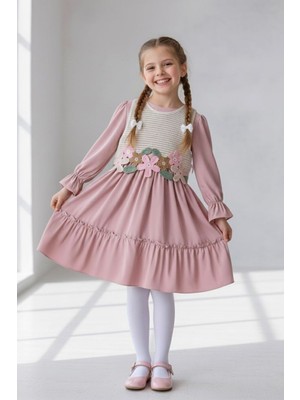 Miniğimin Cicileri Çiçek Aplikeli Uzun Kollu Kız Çocuk Elbise - Gül Kurusu