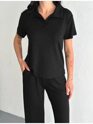 Cottonlab Osy Modal Yumuşak Dokulu Kumaş Kısa Kollu Yakalı T-Shirt Pantalon Ikili Takım- Siyah