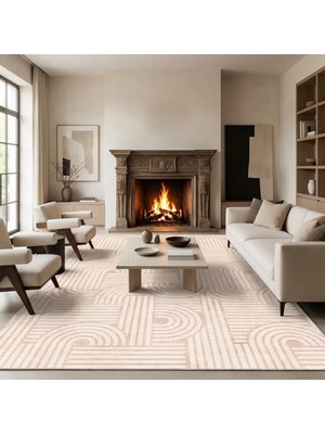 Carpettex Bej Modern Geometrik Desenli Dijital Baskılı Kaymaz Tabanlı Yıkanabilir Antibakteriyel Halı