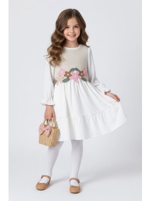 Miniğimin Cicileri Çiçek Aplikeli Uzun Kollu Kız Çocuk Elbise - Beyaz