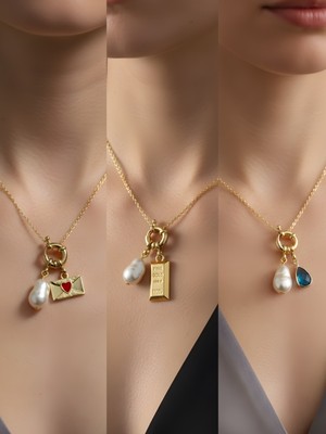 NKT Collection Turkuaz Damla Külçe Altın Kalpli Zarf Incili Kolye