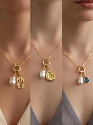 NKT Collection Turkuaz Damla Deniz Kabuğu Kaktüs Incili Kolye