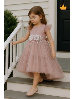Minimony 2-6 Yaş Büzgü Tül Detaylı Taş Işleme Çiçekli Kız Çocuk Abiye Elbise Bayramlık Düğünlük Gül 6505