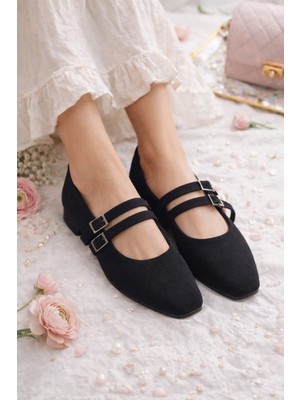 Slipcat Kadın Üstten Kemerli Çift Tokalı Çift Bantlı Tokalı Süet Babet Süet