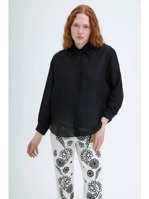Quzu Ince Çizgili Düğmeli Oversize Siyah Kadın Gömlek GML00188