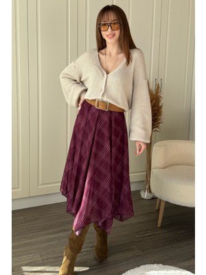 Dilay Gökoğlu Butik Ekose Asimetrik Şifon Zarif Midi Bordo Etek