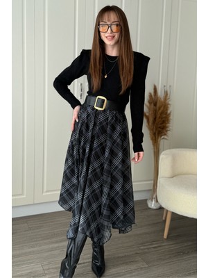 Dilay Gökoğlu Butik Ekose Asimetrik Şifon Zarif Midi Siyah Etek