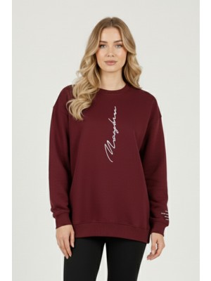 Uncia Outdoors Never Baskılı Bordo Sweatshirt Bisiklet Yaka Günlük Kullanım İçin Oversize Tasarım