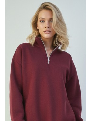 Uncia Outdoors Yarım Fermuarlı Kadın Oversize Sweatshirt Rahat Kalıp Günlük Kullanım