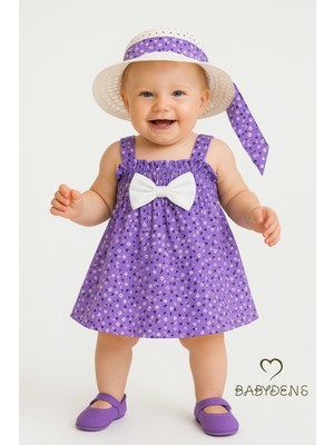 Babyden's Kız Bebek Çiçek Desenli Fiyonklu Yazlık Elbise ve Şapka Takımı Pamuklu 9-36 Ay Yazlık Bebek Kombini