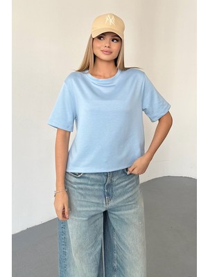 Giysa Kadın Bisiklet Yaka Regular Fit Basic T-Shirt Mavi - MS0001353