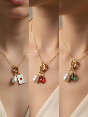 NKT Collection Kırmızı Damla Zümrüt Yeşili Damla Kupa As Incili Kolye