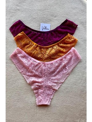 Vellora Kadın Iç Çamaşırı Brazillian Stil Dantelli Lace Set Kadın Şık ve Rahat Tanga Külot 3'lü Set