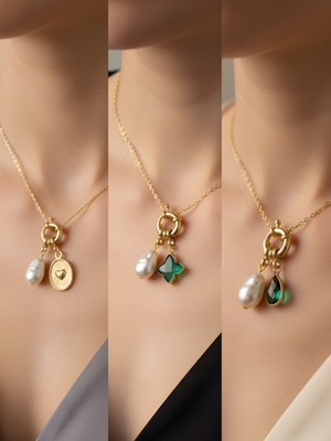 NKT Collection Zümrüt Yeşili Damla Zümrüt Yeşili Yıldız Kabartma Kalp Incili Kolye