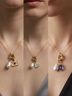 NKT Collection Mavi Damla Kalpli Zarf Turkuaz Kalp Incili Kolye