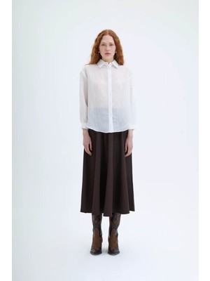 Quzu Ince Çizgili Düğmeli Oversize Ekru Kadın Gömlek GML00188