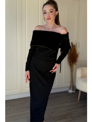 Dilay Gökoğlu Butik Yakası Kürk Detaylı Omuzları Açık Drapeli Zarif Maxi Siyah Elbise
