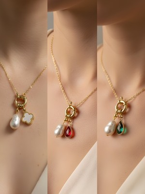 NKT Collection Kırmızı Damla Zümrüt Yeşili Damla Beyaz Yonca Incili Kolye