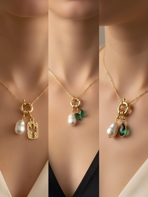 NKT Collection Zümrüt Yeşili Kelebek Zümrüt Yeşili Damla Kaktüs Incili Kolye
