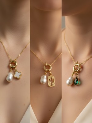 NKT Collection Zümrüt Yeşili Damla Kaktüs Beyaz Yonca Incili Kolye