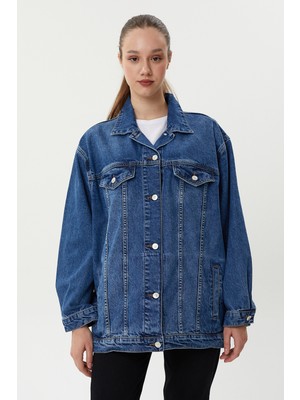 Twister Bc J68-02 Middle Blue Oversize Kadın Kot Ceket Koyu Mavi