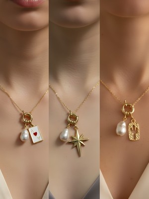 NKT Collection Kaktüs Kutup Yıldızı Beyaz Yonca Incili Kolye