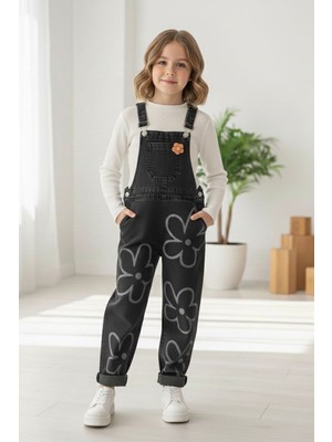 Miniğimin Cicileri Papatya Baskılı Kız Çocuk Kot Salopet - Siyah