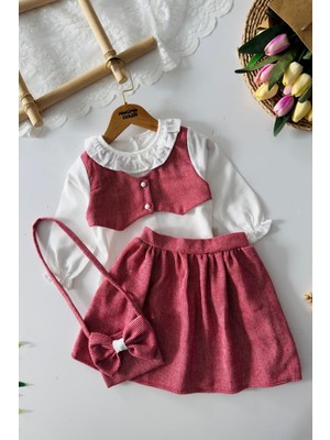 Miniğimin Cicileri Fırfır Yakalı Bluzlu Yelek Detaylı Etekli Kız Çocuk Çantalı 3’lü Takım - Bordo