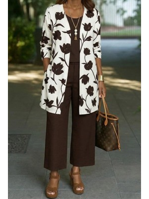 Kadın Uzun Kollu Önü Açık Modal Ceket Kolsuz Viskon Iki Iplik Bluz ve Pantolon Üçlü Takım