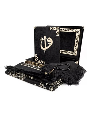 Raşel Kutulu, Şal + Seccade + Tesbih + Kuran Hediye Seti (Orta Boy, Siyah, Elif-Vav)