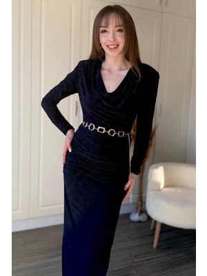 Dilay Gökoğlu Butik Çıkarılabilir Gold Kemerli Vatkalı Uzun Kollu Degaje Yaka Midi Lacivert Elbise