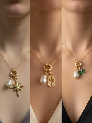 NKT Collection Zümrüt Yeşili Kelebek Kaktüs Kalpli Zarf Incili Kolye