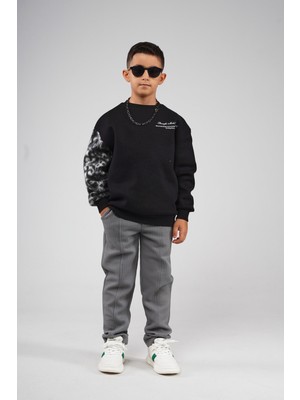 Kingbrich Kids Bisiklet Yaka Kolu Garnili Baskılı Çocuk Sweatshirt