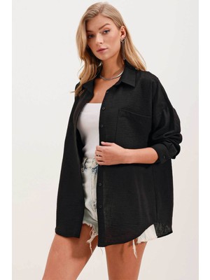 Bigdart Tek Cepli Oversize Keten Siyah Kadın Gömlek 20153