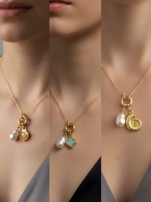 NKT Collection Deniz Kabuğu Turkuaz Yonca Kutup Yıldızı Incili Kolye