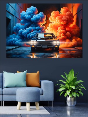 Artmeg Renkli Dumanlı Siyah Araba Dekoratif Kanvas - Mdf Ahşap Tablo