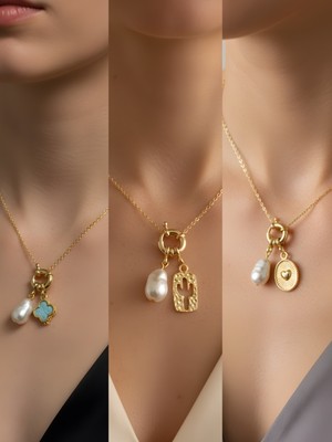 NKT Collection Kabartma Kalp Kaktüs Turkuaz Yonca Incili Kolye