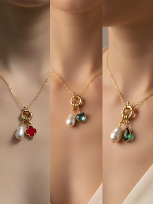 NKT Collection Turkuaz Kalp Zümrüt Yeşili Damla Külçe Altın Incili Kolye