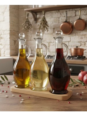 Rembox  3’lü 500 ml Cam Yağlık ve Sosluk Seti, Dekoratif Kristal Tıpalı, Kulplu Gagalı, Ahşap Standlı