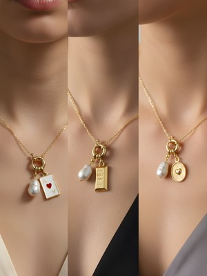 NKT Collection Kabartma Kalp Külçe Altın Kupa As Incili Kolye