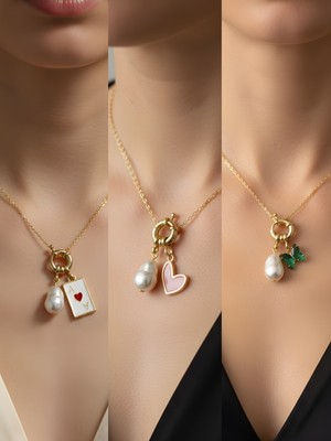 NKT Collection Zümrüt Yeşili Kelebek Pembe Kalp Beyaz Yonca Incili Kolye