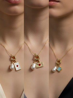 NKT Collection Turkuaz Yonca Kalpli Zarf Beyaz Yonca Incili Kolye