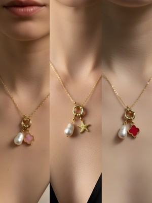 NKT Collection Kırmızı Yonca Deniz Yıldızı Midye Incili Kolye