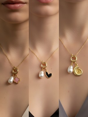 NKT Collection Deniz Kabuğu Siyah Kalp Midye Incili Kolye